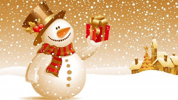 Красивый снеговичок с подарком в руке на золотом фоне