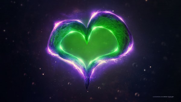 зеленое сердце, пурпурное сердце, фон, пузыри, сияние обои