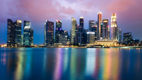 Сингапур, ночь, горизонт, город, небоскребы, закат, огни 