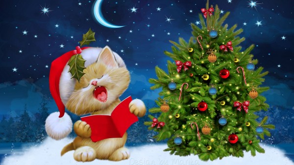 Открытка котик поет рождественскую песенку 