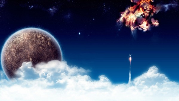 Обои космоса в небе, планета и астероид