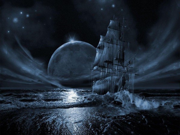 Фэнтези обои голубой луны и корабля в море