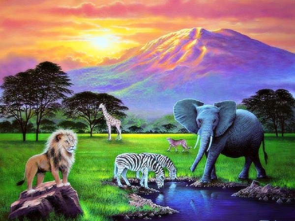 Обои нарисованные савана лев, жираф, слон, зебры, гепард