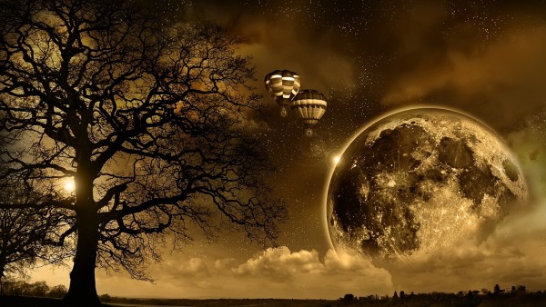 Фэнтези природа, воздушные шары, луна, 3d природа обои