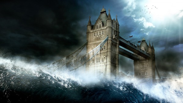 Волна накрывает город Лондон фэнтези обои