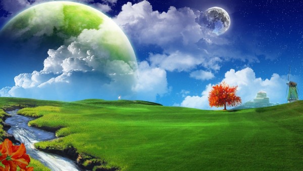 Фэнтези, трава, 3d, природа, зелень, небо, звезды