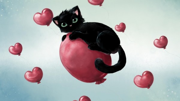 Рисованный черный кот на воздушнам шаре из сердечек