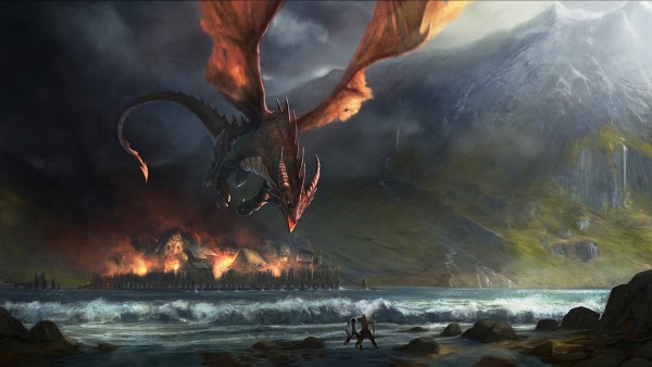 1920x1080, Красный дракон, море и горы