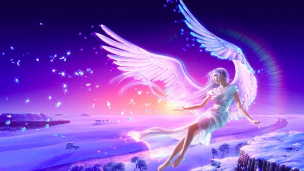 Ангел блондинка на крыльях летает зимой по снегу аниме