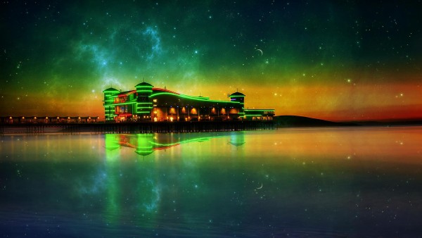 HD обои красивое здание на берегу ночью