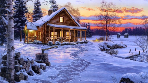 HD обои Рисунок зимы и лесного домика