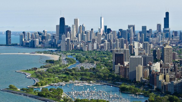 Чикаго небоскребы вид сверху на океан заставки скачать