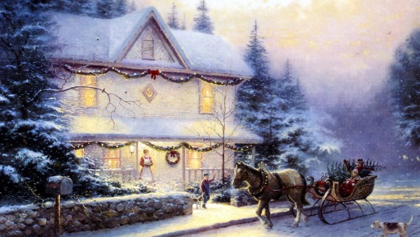 Сани, снег, праздник, елка, лошади,дом, новый год, картинки