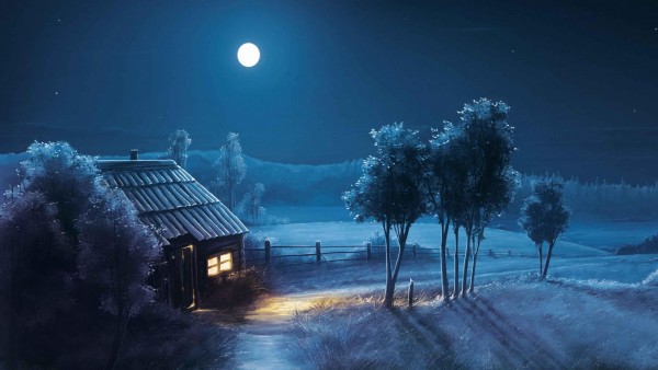Синяя ночь, полная луна, пейзаж, хата, избушка, обои, картинки