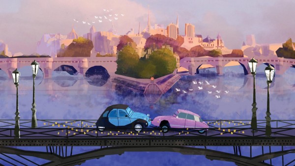 Картина, Забавные автомобили, поцелуй машин, мост, город, обои, картинки