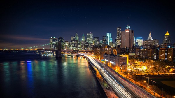 Манхэттен, мегаполис, ночной город, небоскребы, огни, обои, широкоформатные