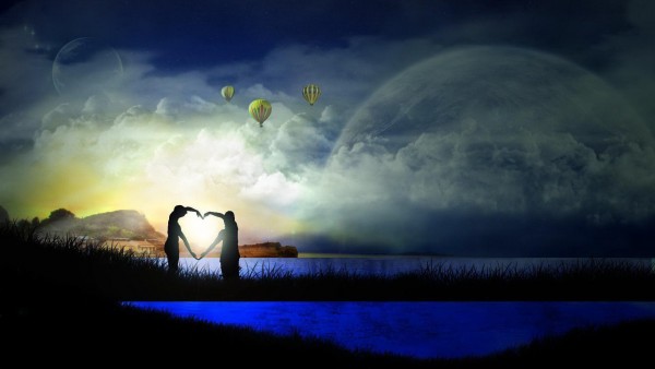 Романтическая пара, воздушные шары, сердце, луна, 3D, мост, озеро, обои HD, широкоформатные