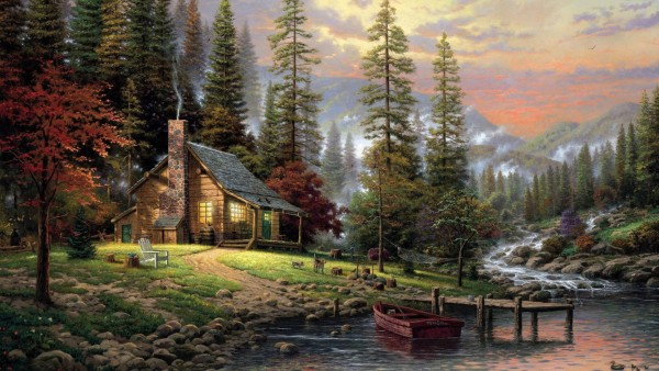 Томас Кинкейд, тихий лесной дом, собака пейзаж, река, картинки фоны
