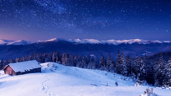 Дома, горы, деревья, снег, ночные звезды, зима, пейзаж, фоны, заставки