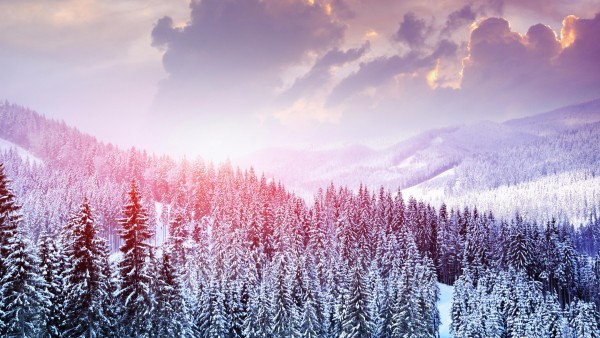 Пейзаж, зима, снег, деревья, горы, лес, небо, облака, фоны, заставки