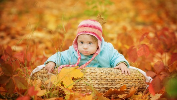 Маленький ребенок с напучеными щеками осенью на природе обои широкоформатные