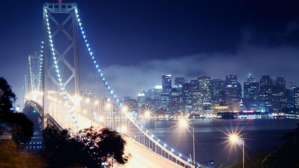 Ночной город, Сан - Франциско, Ночь, Калифорния, Яркий мост