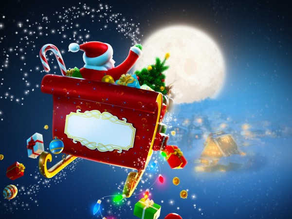 Праздники, Рождественские Подарки, Дед Мороз, Луна, картинки, Новый год, заставки