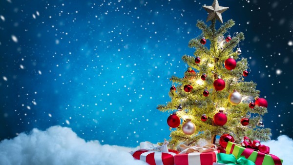 Праздники, Рождественские подарки, Новогодняя елка, снежки, снег, звезды, открытка, обои