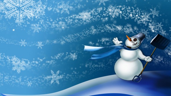 Скачать обои, сугробы, снежинки, лопата, снеговик, ветер, шарф, Рождество, Фото