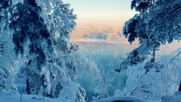 Природа, Озера, деревья, лес, Солнечный свет, Восход, Отражение воды, зима, снег, фото, обои