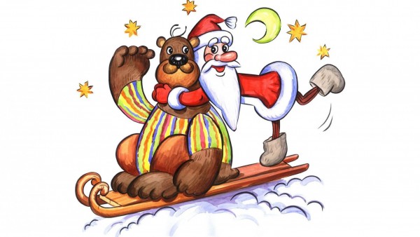 Медведь, Дед Мороз, открытки, звезды, луна, сани, праздник, Новый год, обои, картинки