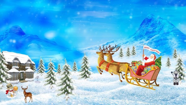 Санта-Клаус, олени, сани, подарки, рождество, праздник, дом, горы, обои для рабочего стола, HD
