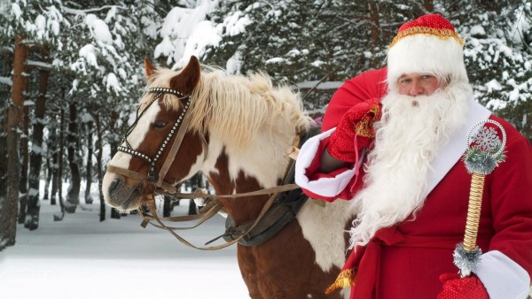 HD обои, Дед Мороз, лошадь, снег, зима, посох, лес, Новый год, рождество