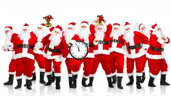 Санта-Клаус, Рождество, часы, колокольчики, на белом фоне, обои