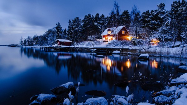 Зимний вечер, Лес, Ночь, озеро, горы, снег, обои на рабочий стол