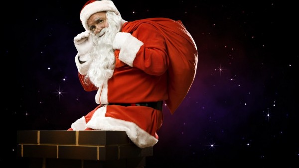 Скачать Санта-Клаус, мешок, подарки, труба, полночь, Рождество, праздник, Новый год, картинки