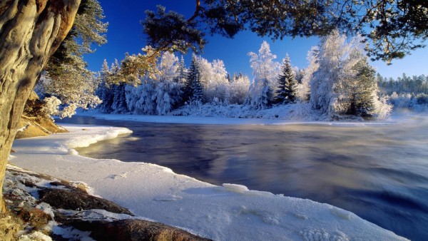 Вода, пейзаж, природа, снег, деревья, обои для рабочего стола
