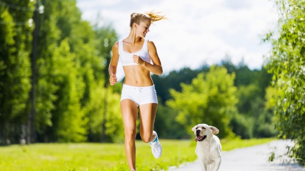 женщина, бег, собака, физическая активность