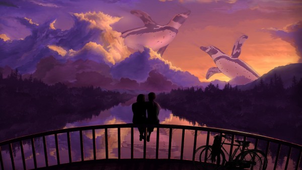 Романтическая пара, мост, закат, искусство
