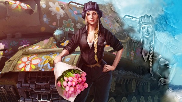 танкистка девушка с цветами