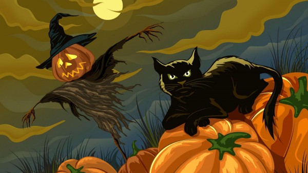 Черная кошка и пугало праздник Хэллоуин