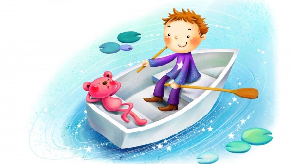 Мальчик с плюшевым мишкой в лодке рисованные заставки