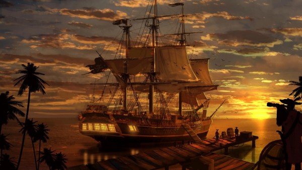 пиратский корабль, закат, море, бухта