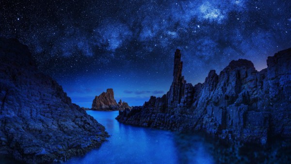 Синий, настроение, ночь, океан, отражение, река, море, небо, звезды