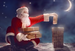 Санта Клаус кидает подарки через дымоход картинки