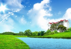 Фэнтези природа, небо, река, дом, зеленая трава, 1920x1200