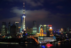 Ночной город Шанхай в Китае 