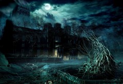 Dark mansion under full moon wallpapers high resolution background