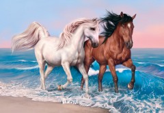 HD обои рисованные кони животные на побережье моря
