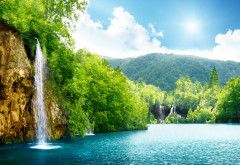Природа, водопад, летнее озеро, деревья, фоны, заставки